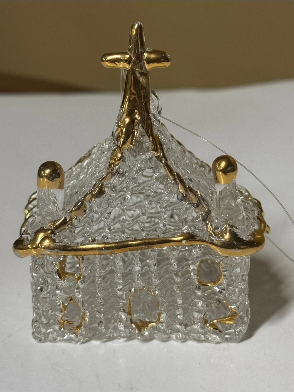 Spun glass ornament church Gold Trim 3.75” tall